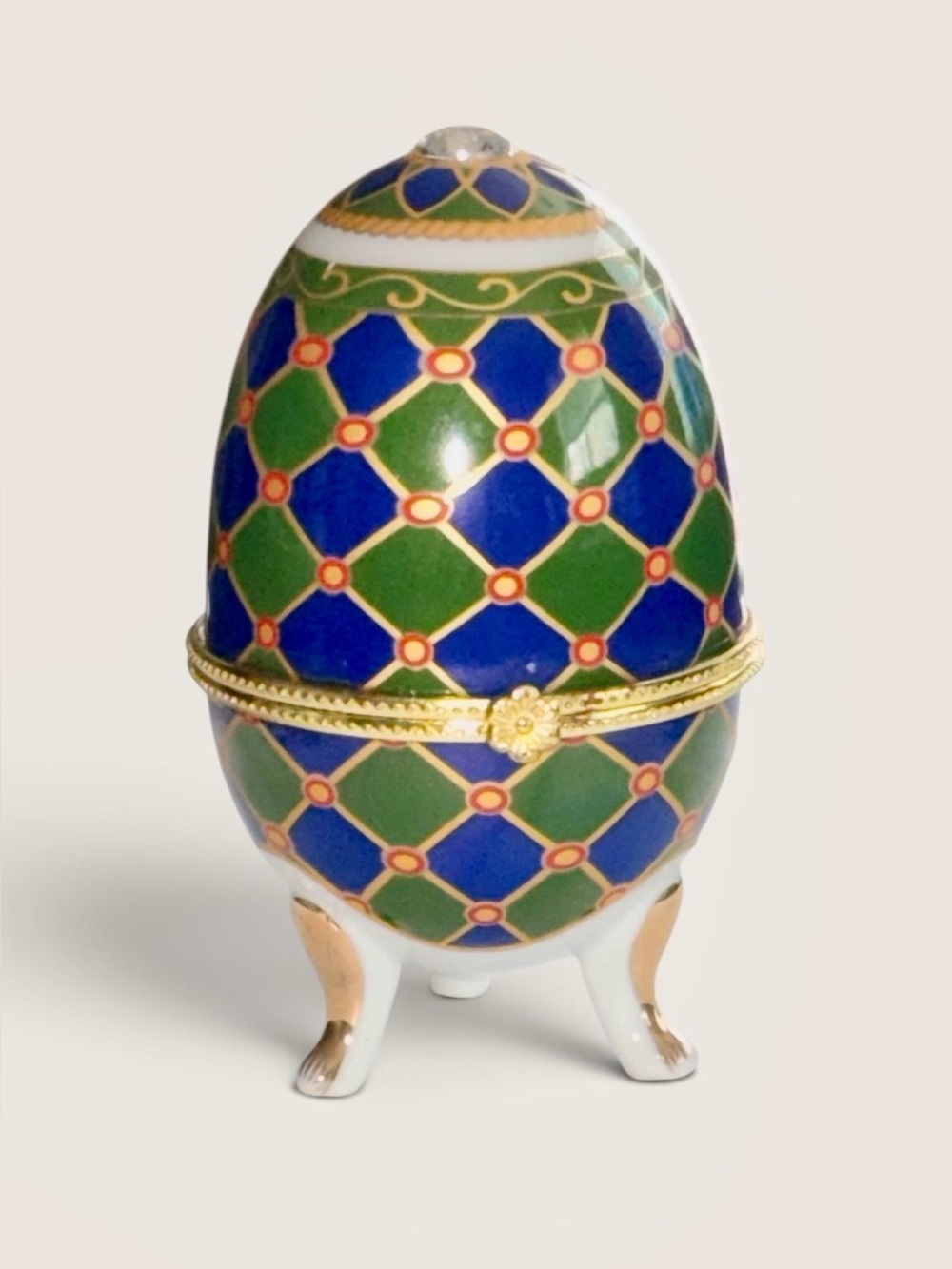 Fabergé Style Porcelain Egg Hinged Trinket Box 4.5”